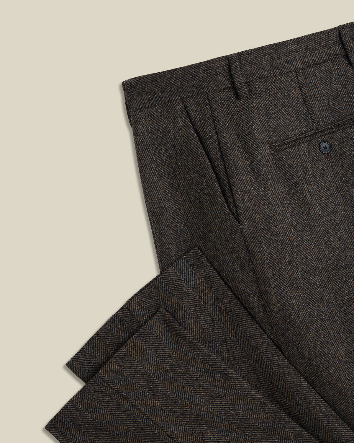 Single Pleat Herringbone Wool Trousers - Brown
