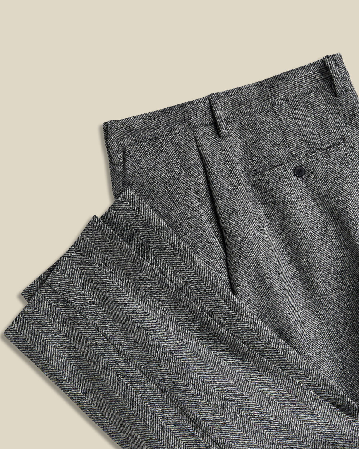 Single Pleat Herringbone Wool Trousers - Grey