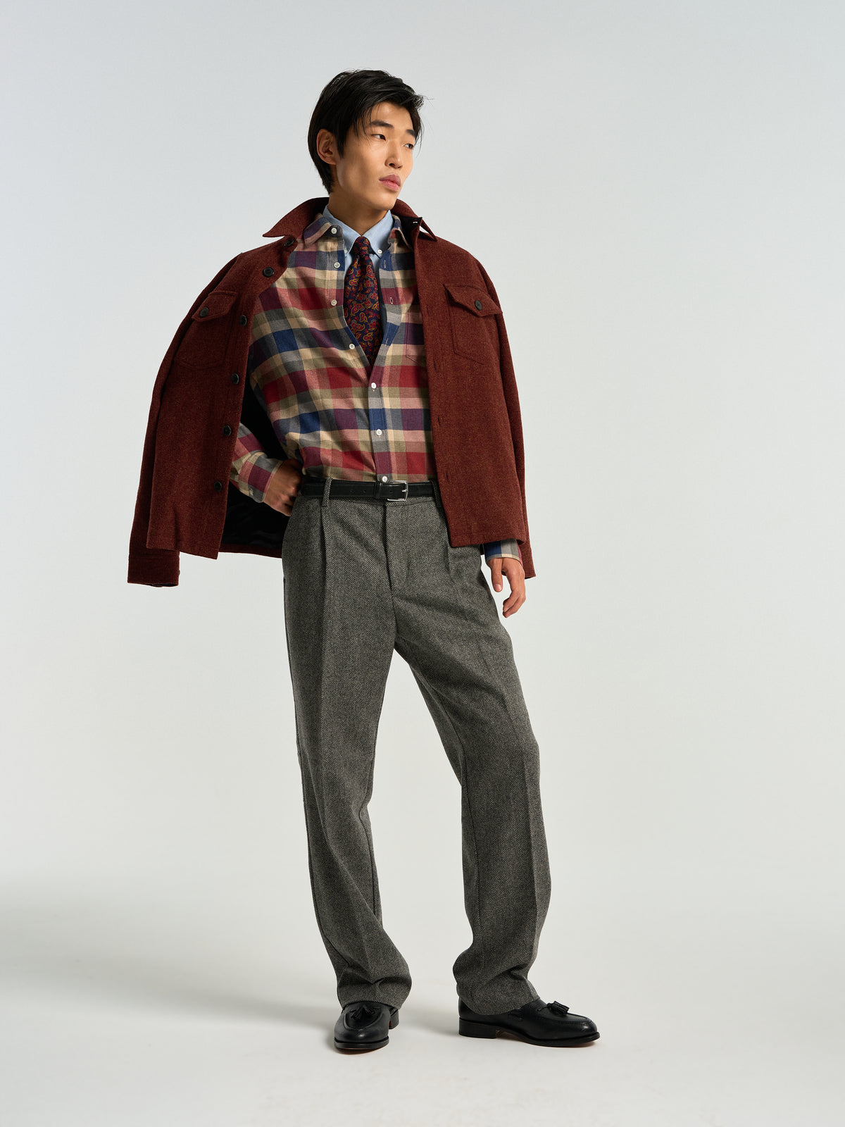 Single Pleat Herringbone Wool Trousers - Grey