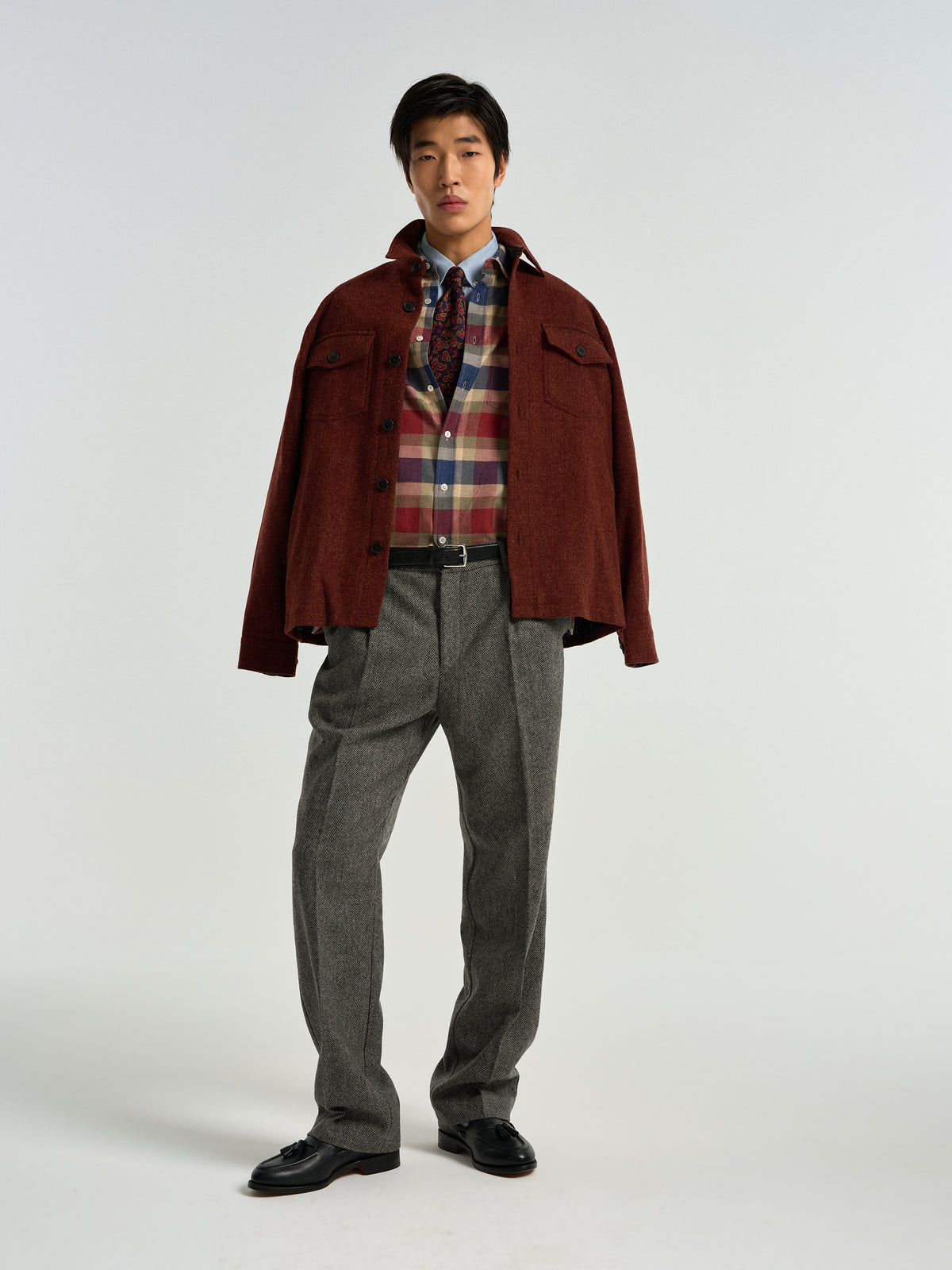 Single Pleat Herringbone Wool Trousers - Grey